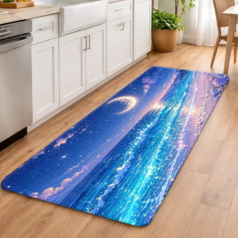 Starry Crescent Moon Beach Ocean Print Kitchen Runner Rug Anti Slip Soft Mat Dreamy Coastal Long Mat Hallway Corridor Carpet