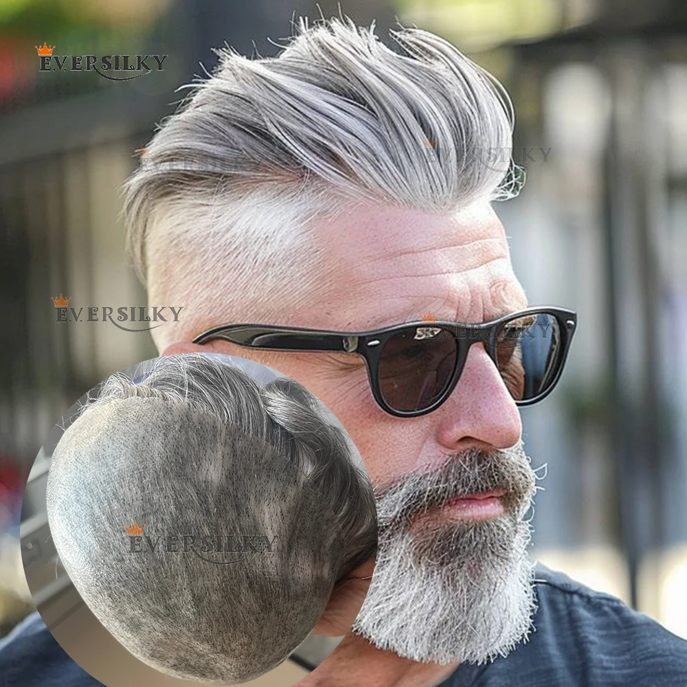 

Human Hair Salt&Pepper Durabe Full PU Skin 1b80 1B65 1B40 Men's Toupee Capillary Prosthesis Natural Hairline Brown Scallop Front