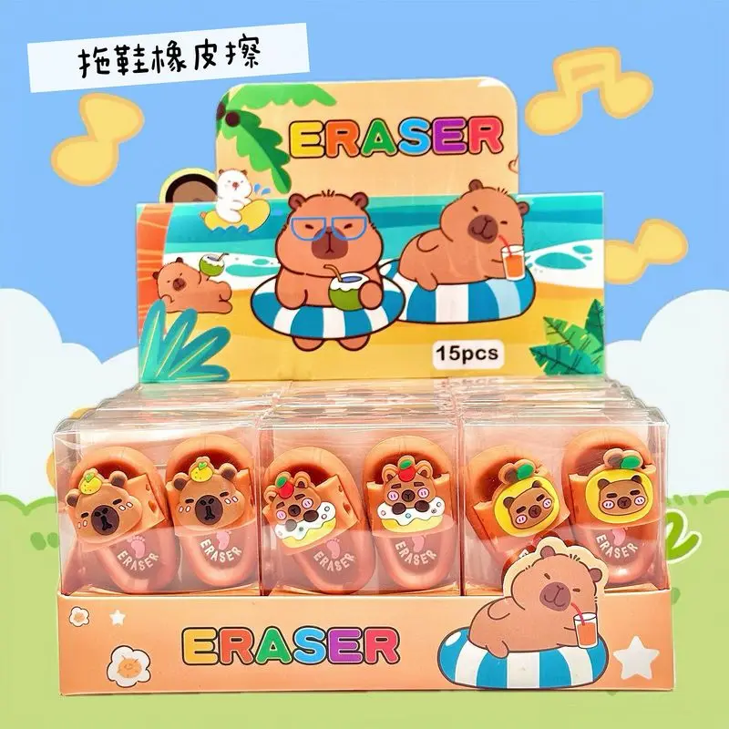

15pcs Capybara Slippers Eraser Cartoon Cute Creative Writing Drawing Pencil Erasers Stationery Office School Supplies Gifts