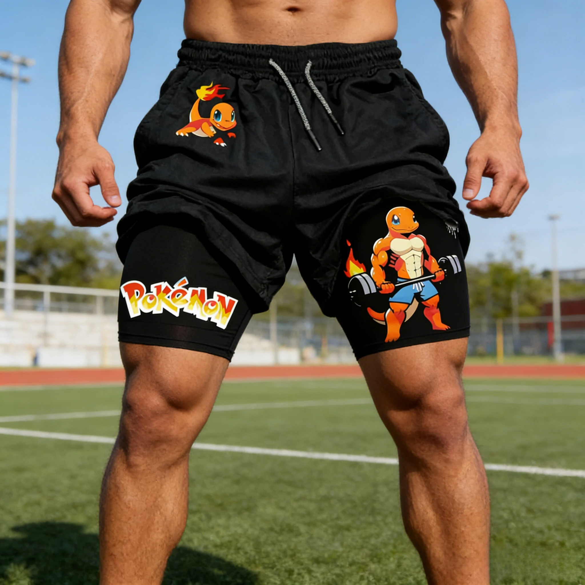 

2026 Pokemon Anime Charmander Peripheral Double-layer Shorts Summer Men's Fitness Fashionable Breathable Sports Quick-drying Y2k