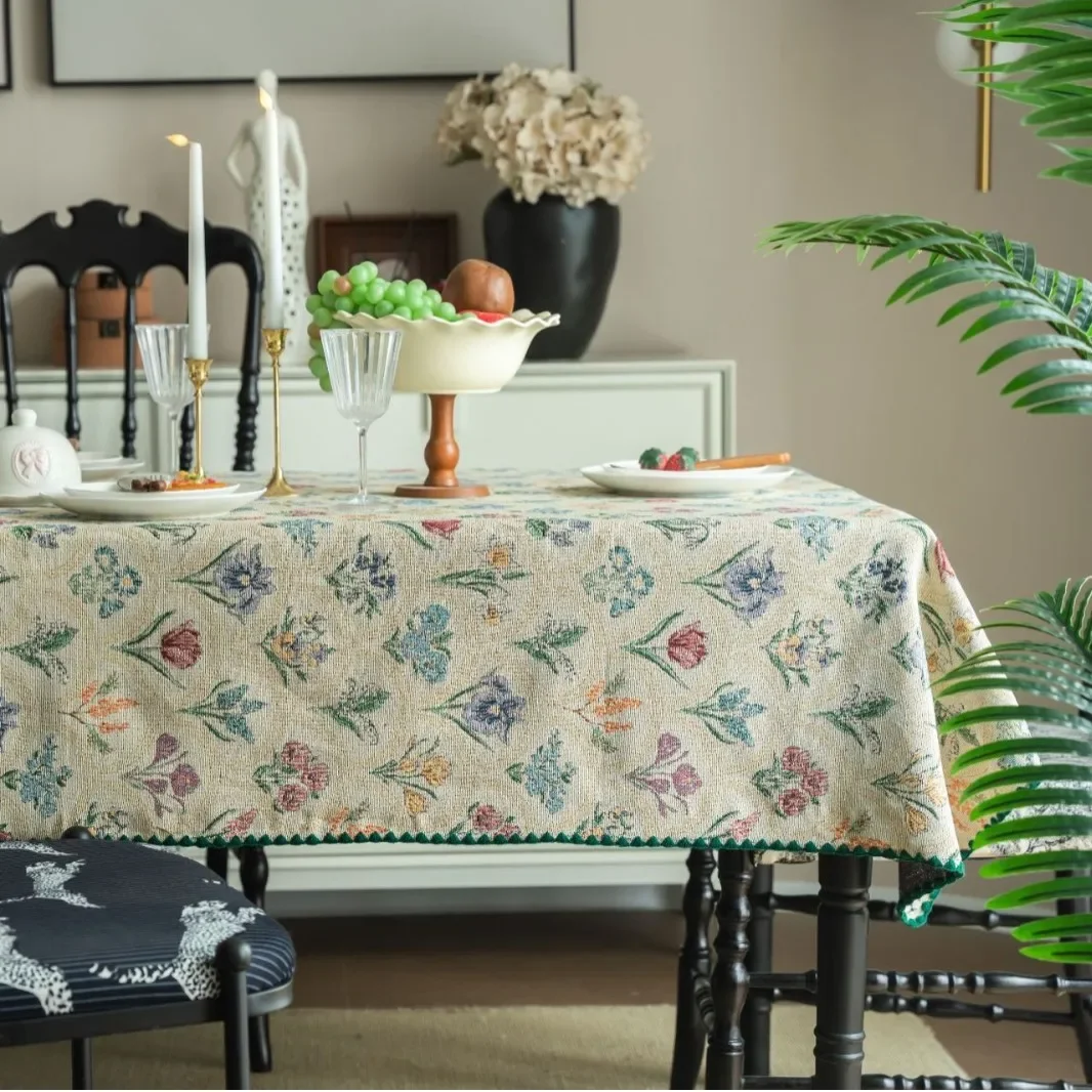 Französische Retro-Tischdecke mit farbigen Blumen, rustikale, waschbare, rechteckige Jacquard-Tischdecke für Zuhause, Tischdekoration