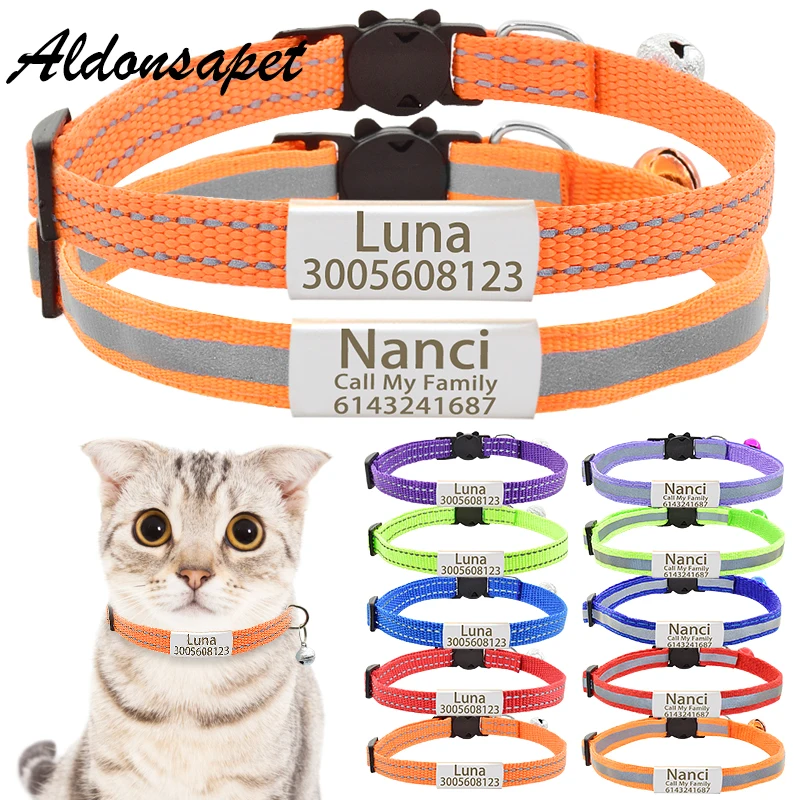 

2 Pack Nylon Reflective Cat Collar Personalized Safety Breakaway Name Tag Cat Collar Bell Custom Engraved Nameplate Cat Collar