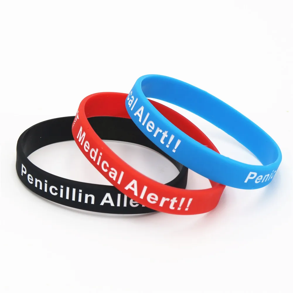 1PC Hot Sale Bracelets Medical Alert Penicillin Allergy Silicone Wristband Armband Nurse Bangles Adult 3 Colours Gift SH093