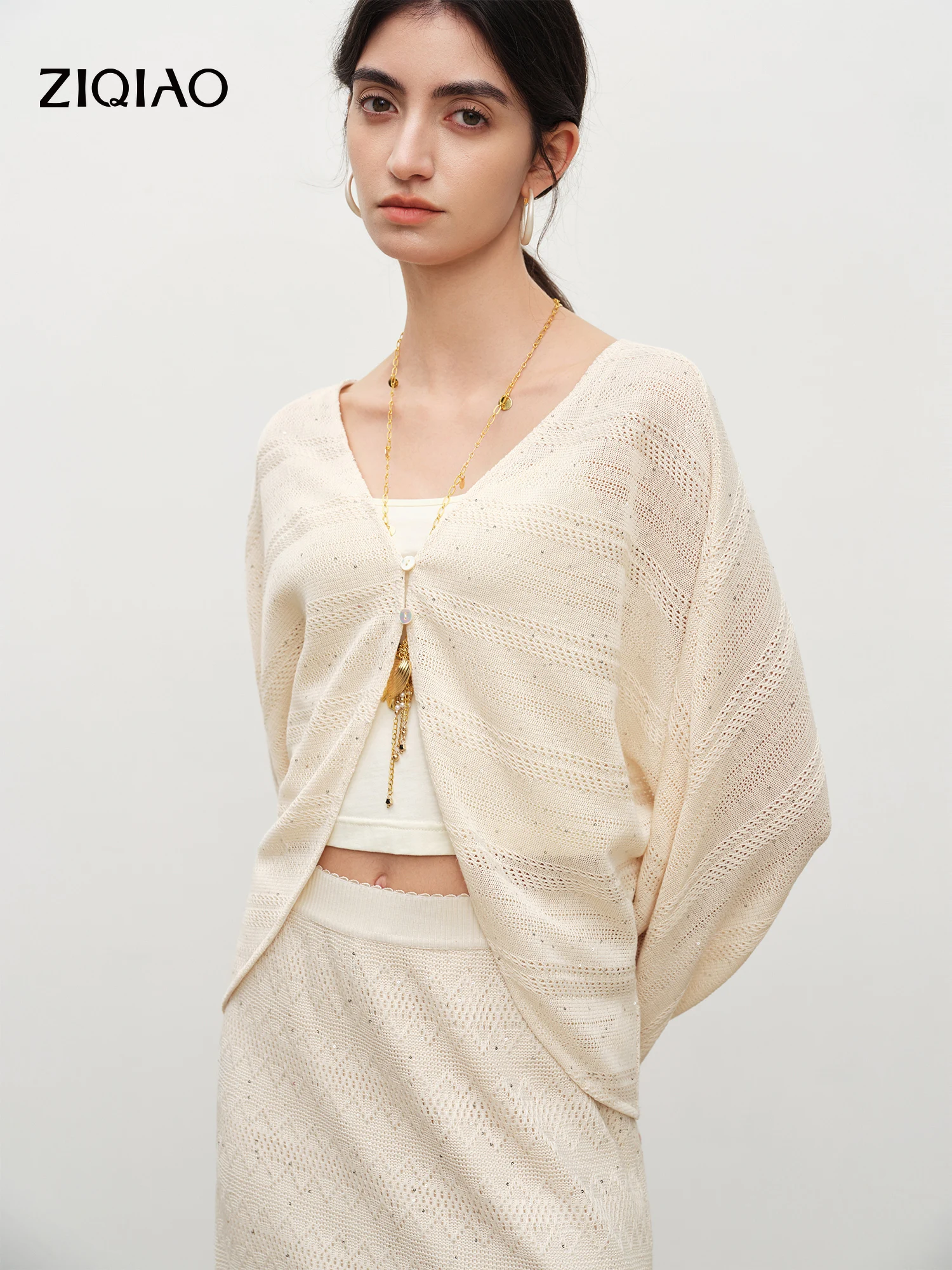 

ZIQIAO 2026 Summer Women's Batwing Sleeve Loose Fit Knit Cardigan Sequin V-Neck Open Front Top Effortless Chic Summer Goth Style