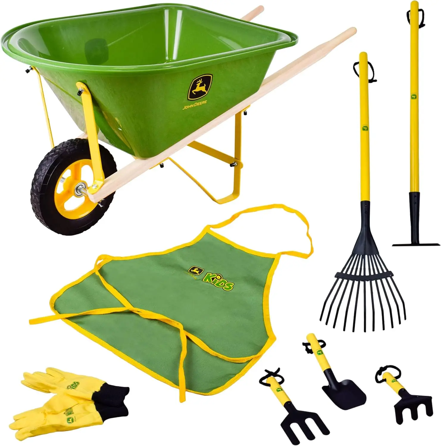 

Deluxe 34" Wheelbarrow and Garden Set with 5 Realistic Tools, Apron, Gloves for Kids Ages 5+