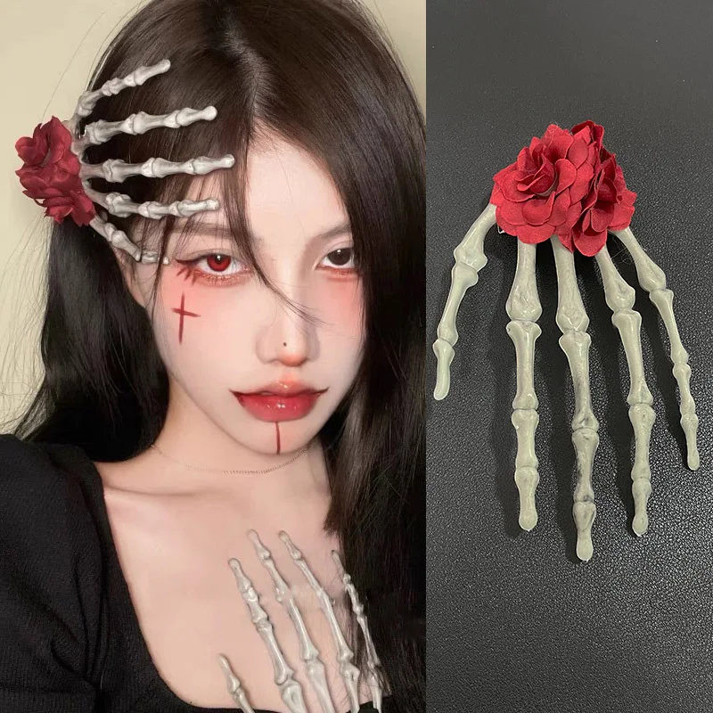 Punk Halloween Skeleton Hand Hairpin for Women Horror Rose Hair Clips Unique Hand Side Claw Clip Trendy Girls Hair Accessories