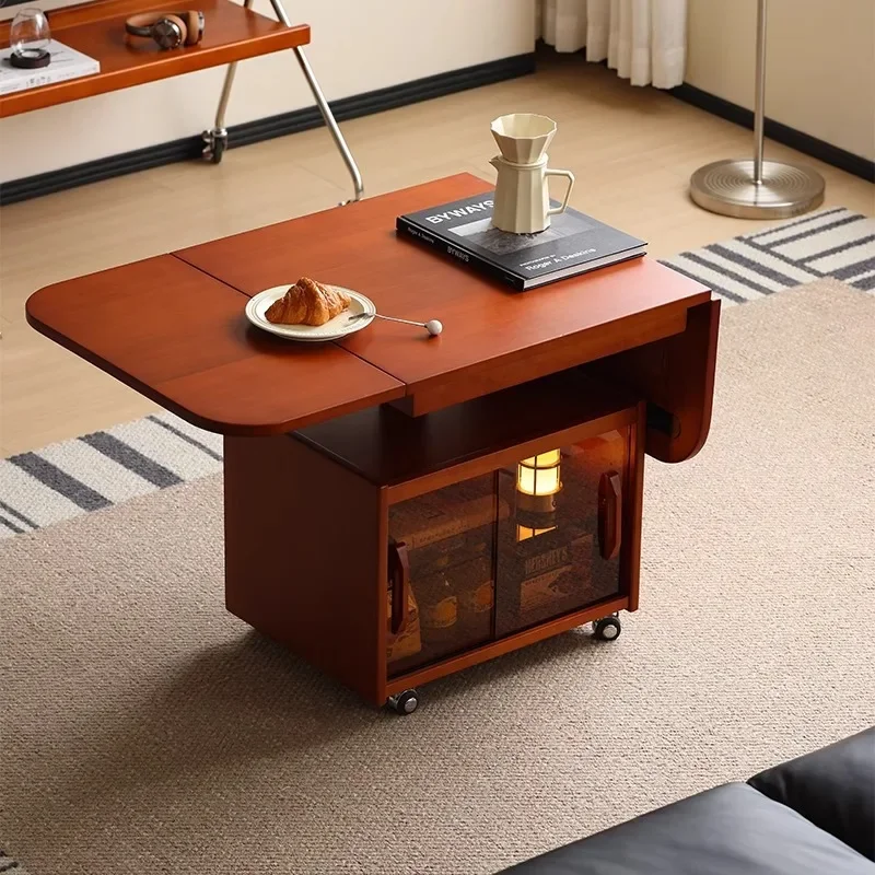 Nordic solid wood coffee table movable folding lifting small apartment living room creative sofa side table