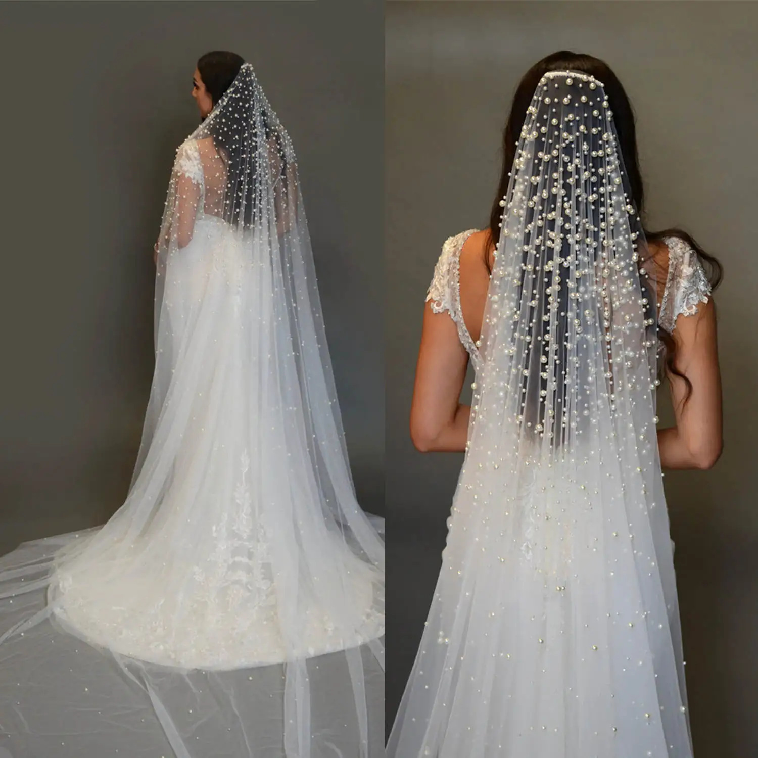 

Pearls Wedding Veil One Layer Long Cathedral Length Veils Bead Edge Velo De Cabeza Customized High Quality Wedding Accessories