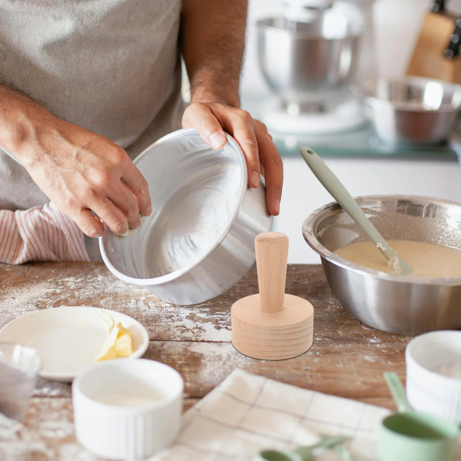

French Egg Tart Mold Press Tool Plate Light Brown Wood Pan with Removable Bottom