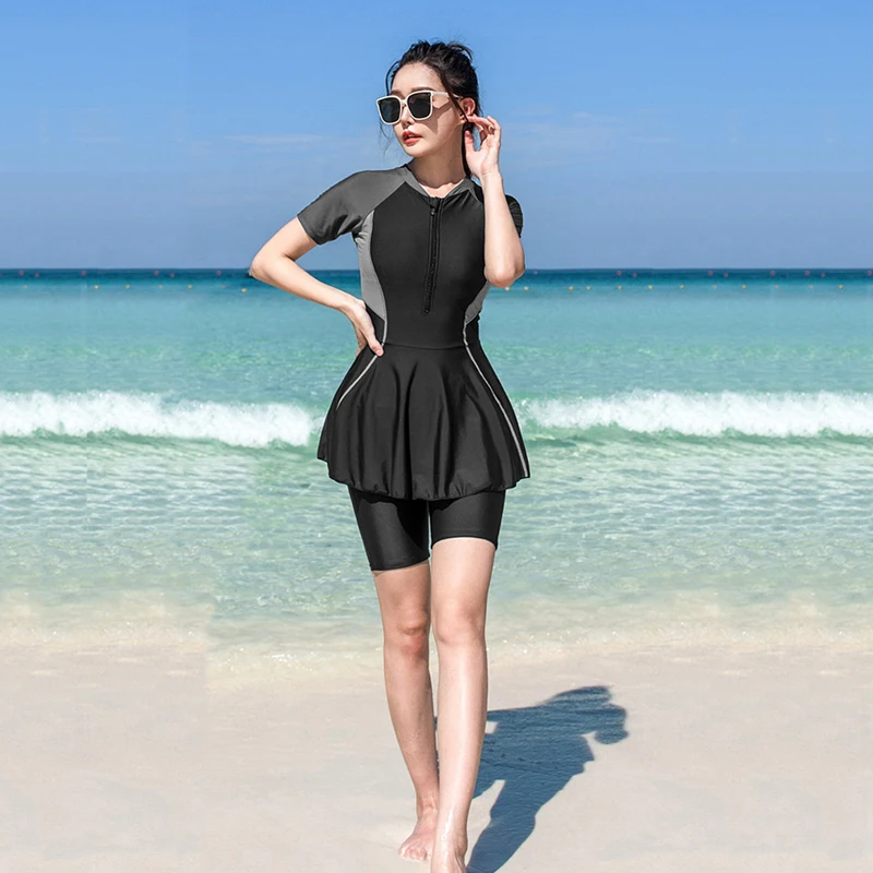 Tunic Split Swimwear Women Two Piece Summer Short Sleeve Swimsuit Vocation Beachwear Modest Bathing Suit Zipper Surfing Suit