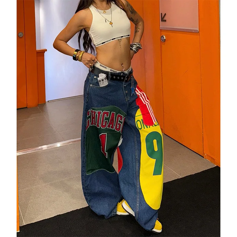 初秋の新しいスタイルの韓国の主流ストリートダンスルーズワイドレッグジーンズ、レトロプリントカーブナイフレディースジーンズ