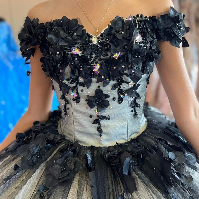 ANGELSBRIDEP vestido de baile negro de cristal, vestidos sexys de quinceañera con tren de flores en 3D, fiesta Formal de cumpleaños para niña de 15 años