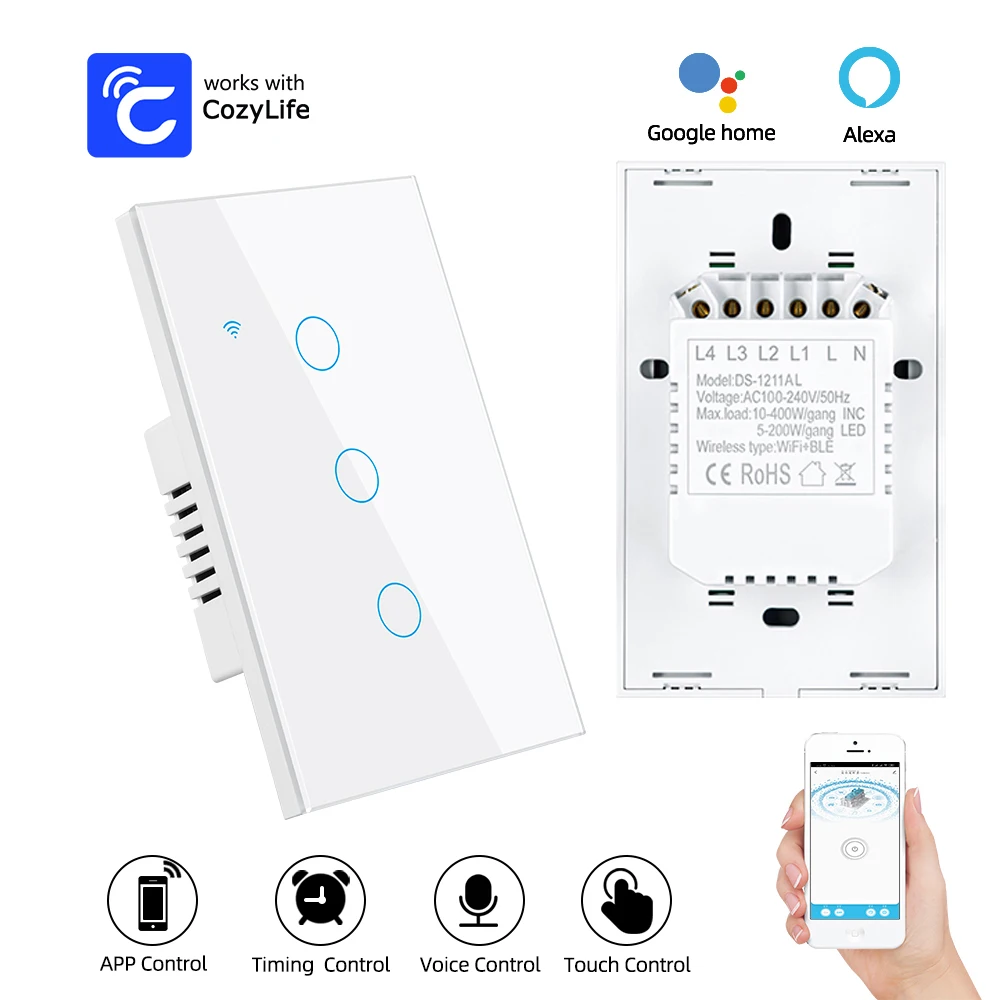 Cozylife Smart Switch US Brazil WiFi Neutral Wire/No Neutral Wire Touch Light Switch Works With Alexa Google Home 1/2/3 Gang