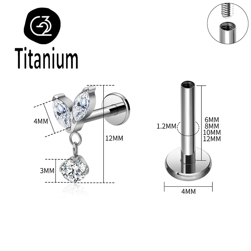 ASTM F136 G23 Titanium Ear Tragus Cartilage Helix Daith Stud Earring for Women Internal Thread Labret  Lip Ring Piercing Jewelry