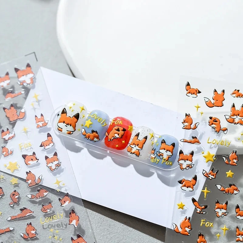 Lovely Red Fox Cartoon 5D Soft Reliefs Self Adhesive Nail Art Stickers Cute 3D Nail Decoration Decals Wholesale Dropshipping