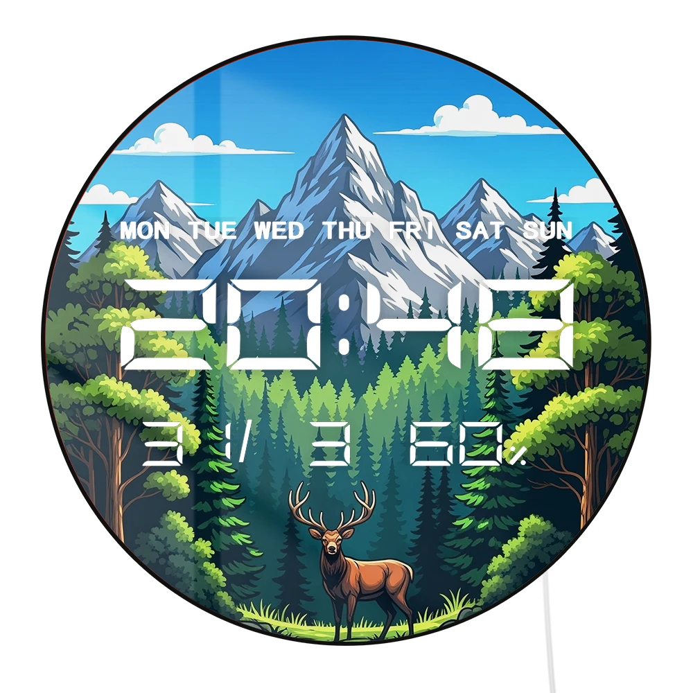 Mountain Forest with Trees Deer LED Digital Wall Clock 12/24hour Electronic Wall Clock with Temperature Calendar Date Humidity