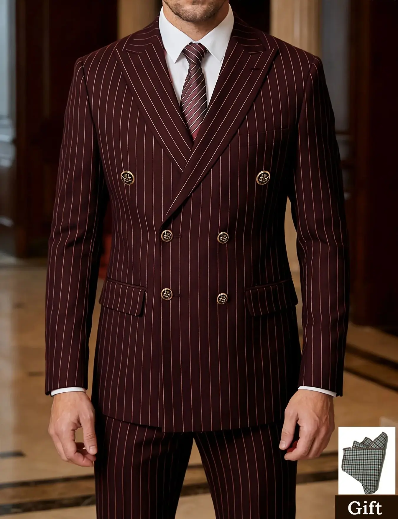 

Мужской бордовый костюм в полоску с двойным рядом пуговиц | Ваш новый незаменимый силовой костюм | Выглядите уверенно и притягательно на любом мероприятии