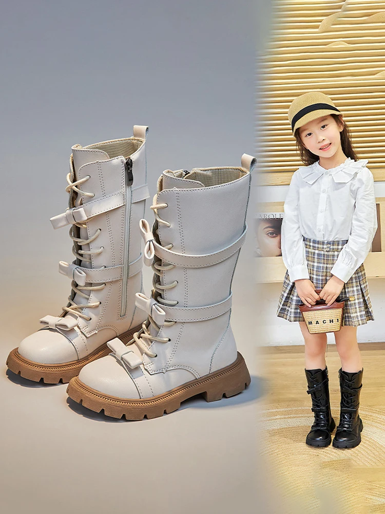 Bottes hautes pour filles, style corĂ©en et britannique, hiver 2023, bottes longues pour enfants, style dĂ©filĂ©, nĆud, couleur unie, chaussures de princesse pour enfants