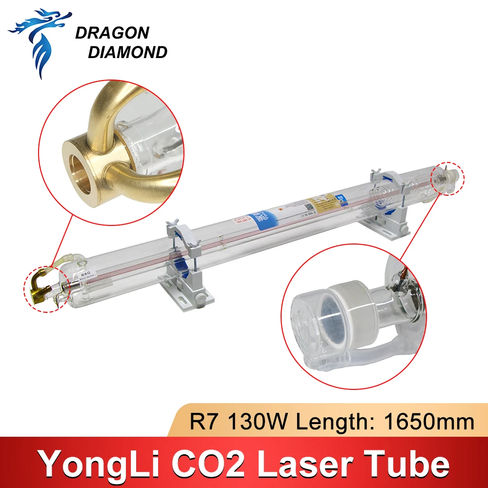 Yongli-tubo láser de CO2 R7, 130W-150W, tubo de vidrio, cabeza de Metal, longitud de 1650mm, diámetro de 80mm, para máquina cortadora de grabado