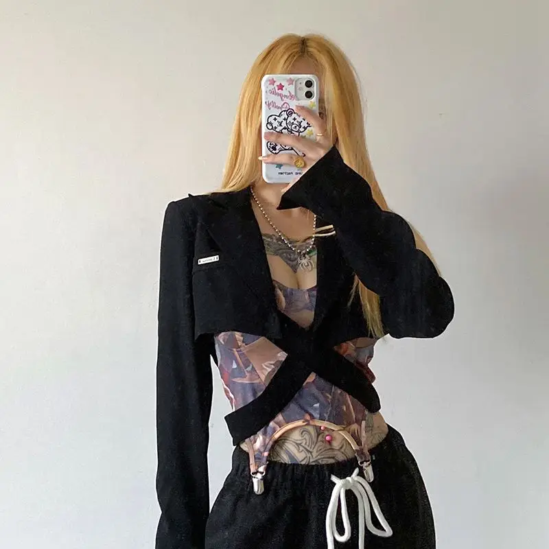 Cool Girl Short Black Suit Jacket Women High Waist Cross Tie Long Sleeve Fashion Design Loose Casual Spring Autumn Top