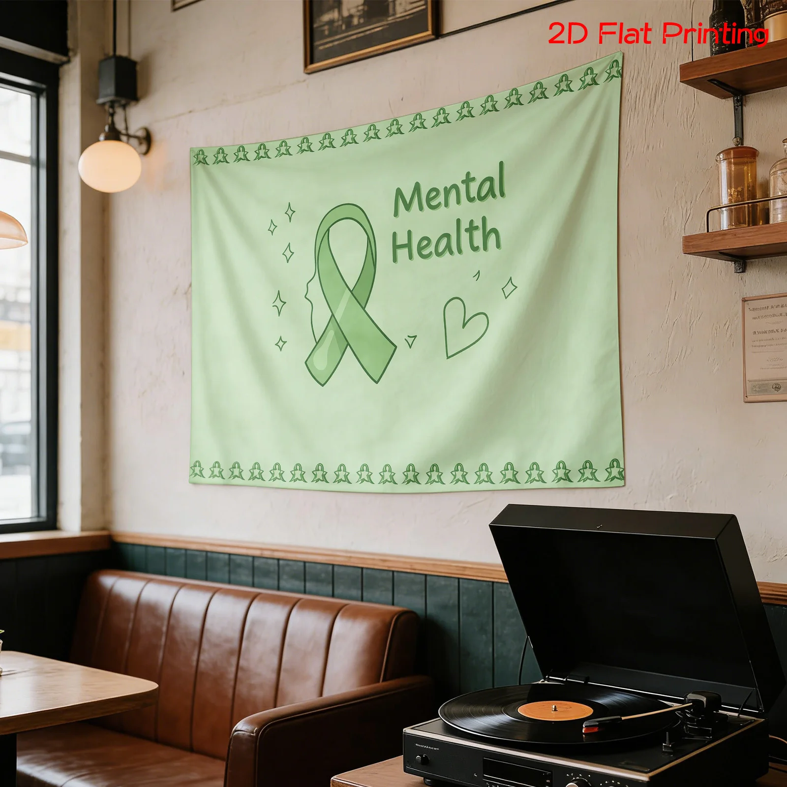 Aesthetic Mental Health Awareness Tapestry Wall Hanging Green Ribbon Support Art Decor Boho Nursery Room Banner Gift for Wellnes