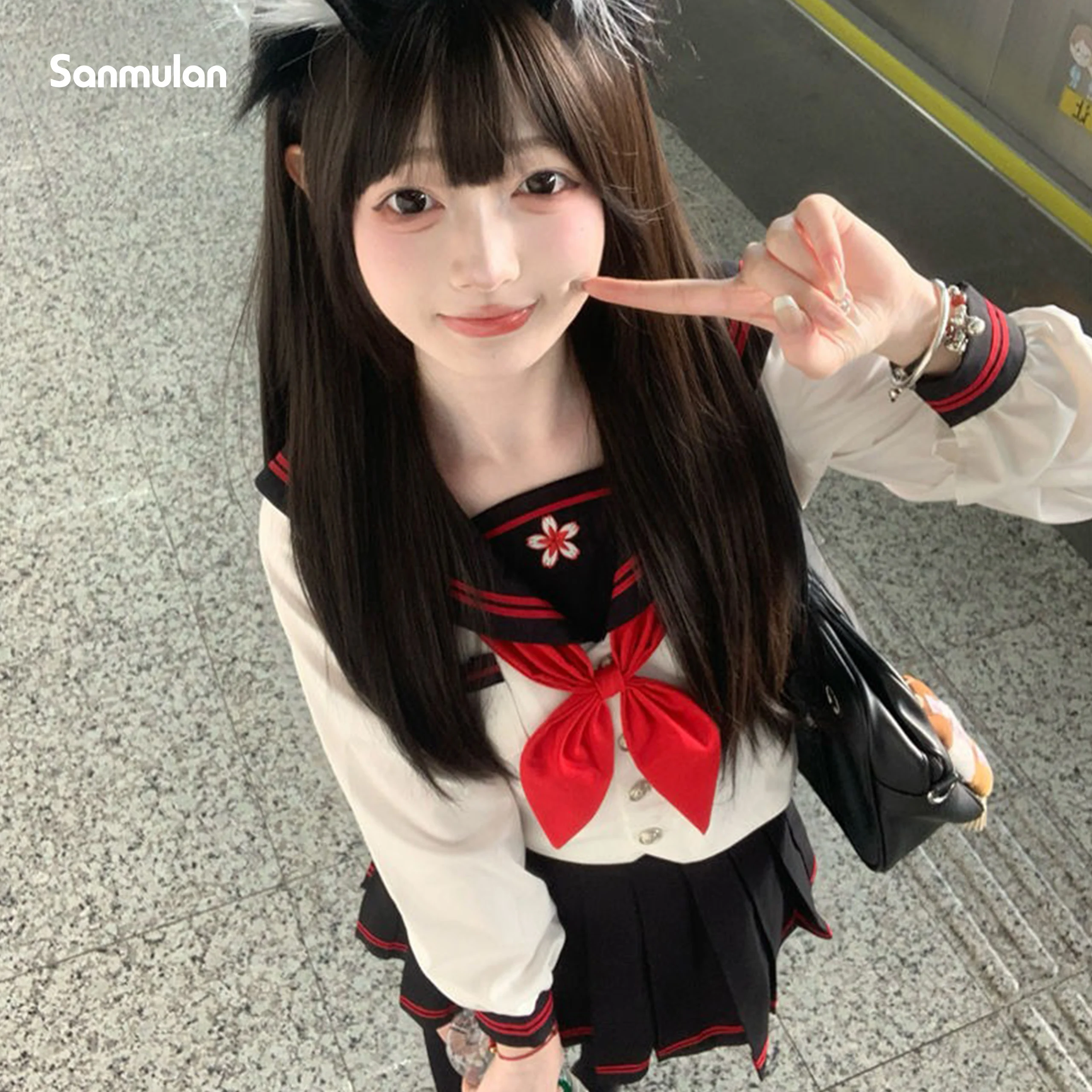 

JK Uniform Sailor Suit Genuine Japanese College Style Basic Student Long-short-sleeved Suit Cyan Cute Role Play Summer Black Red