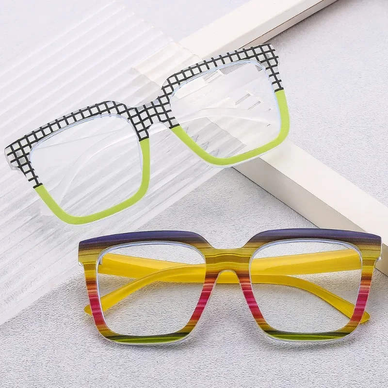 Large Frame PC Anti Blue Light Flat Glasses Multi Color Checkered Style Women's Anti Fatigue Computer Glasses Anti Blue Light