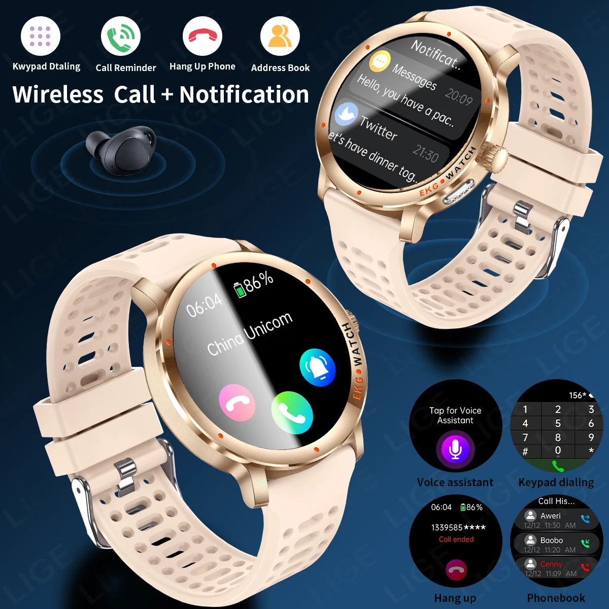 LIGE New AI-Diagnosis Smart Watch ECG+PPG Accurate Uric Acid Blood Oxygen Body Fat Sports Fitness Waterproof Health Smartwatches