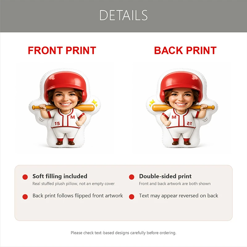 Custom Personalized Photo Baseball Player Shaped Pillow, Red Helmet & Uniform Custom Face Decorative Cushion, Unique Home Decor