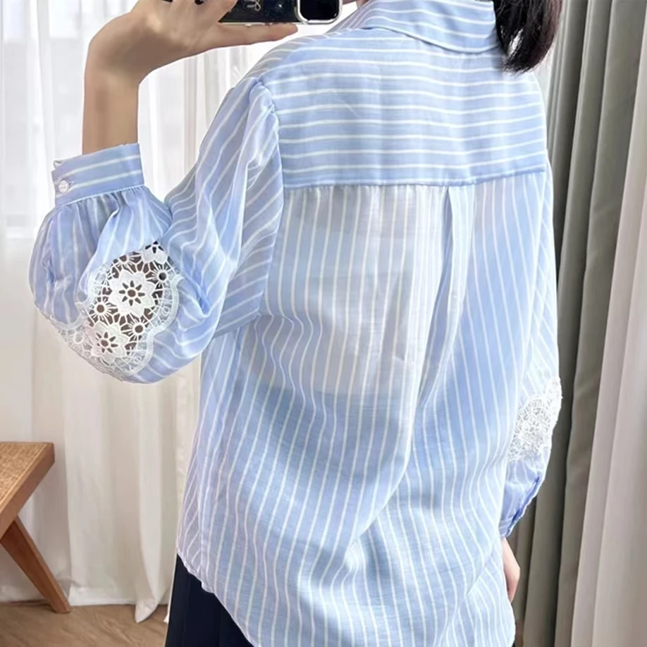 

White tops,Lightweight shirt top with blue and white stripes, hollowed out lace pattern, long sleeved linen blend,women tops