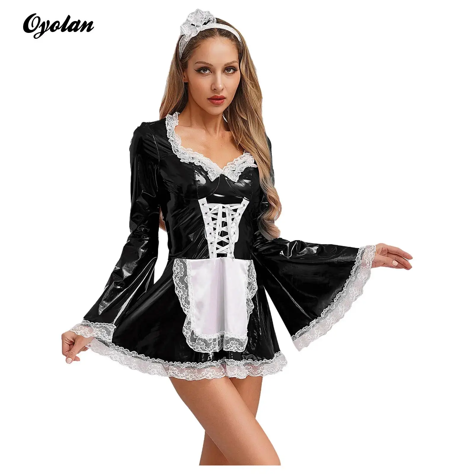 

Womens Adult Lace Trim Lace-up Maid Latex Dress with Apron Headwear PU Leather French Maid Servant Waitress Cosplay Costume