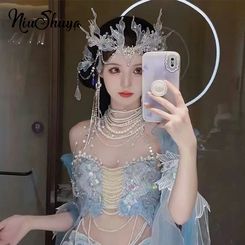 NiuShuya Exotic White Mermaid Princess Hair Crown Hanfu Ancient Forehead Decoration Super Fairy Bride Headdress