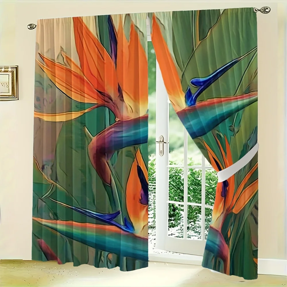 Bird of Paradise Floral Curtains Set of 2 Rod Pocket Semi Sheer for Living Room Bedroom Decor