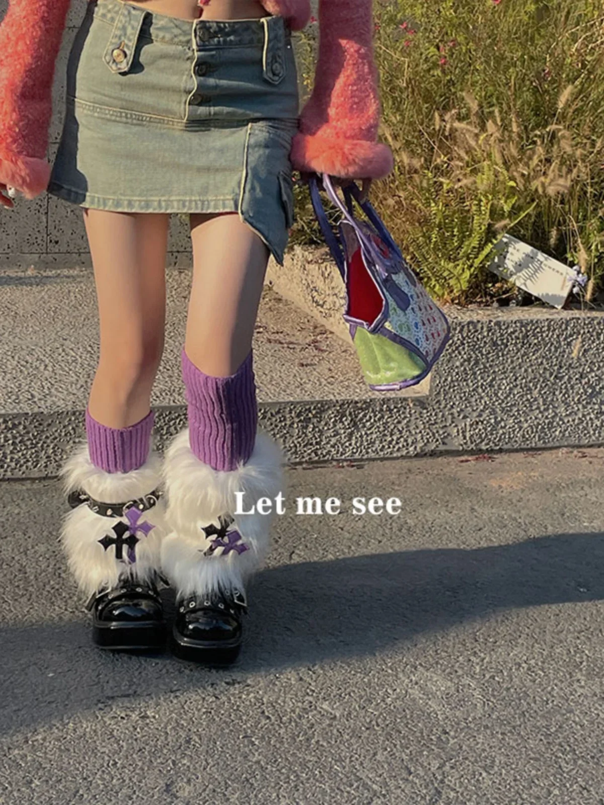 Y2k  Leg Socks Pink Harajuku Subculture 3 Piece Sets Leg Warmers Rivet Belt Plush Knit Socks Japanese Style Leg Covers