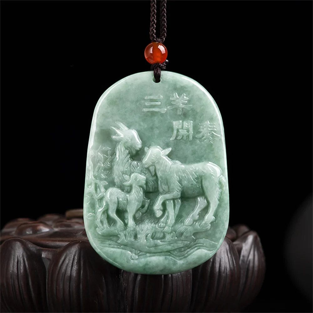 Charm Natural Ice Green Jadeite Carved Chinese Three Sheep Fortune Pendant Amulet Necklace Certificate Trendy Jade Jewelry