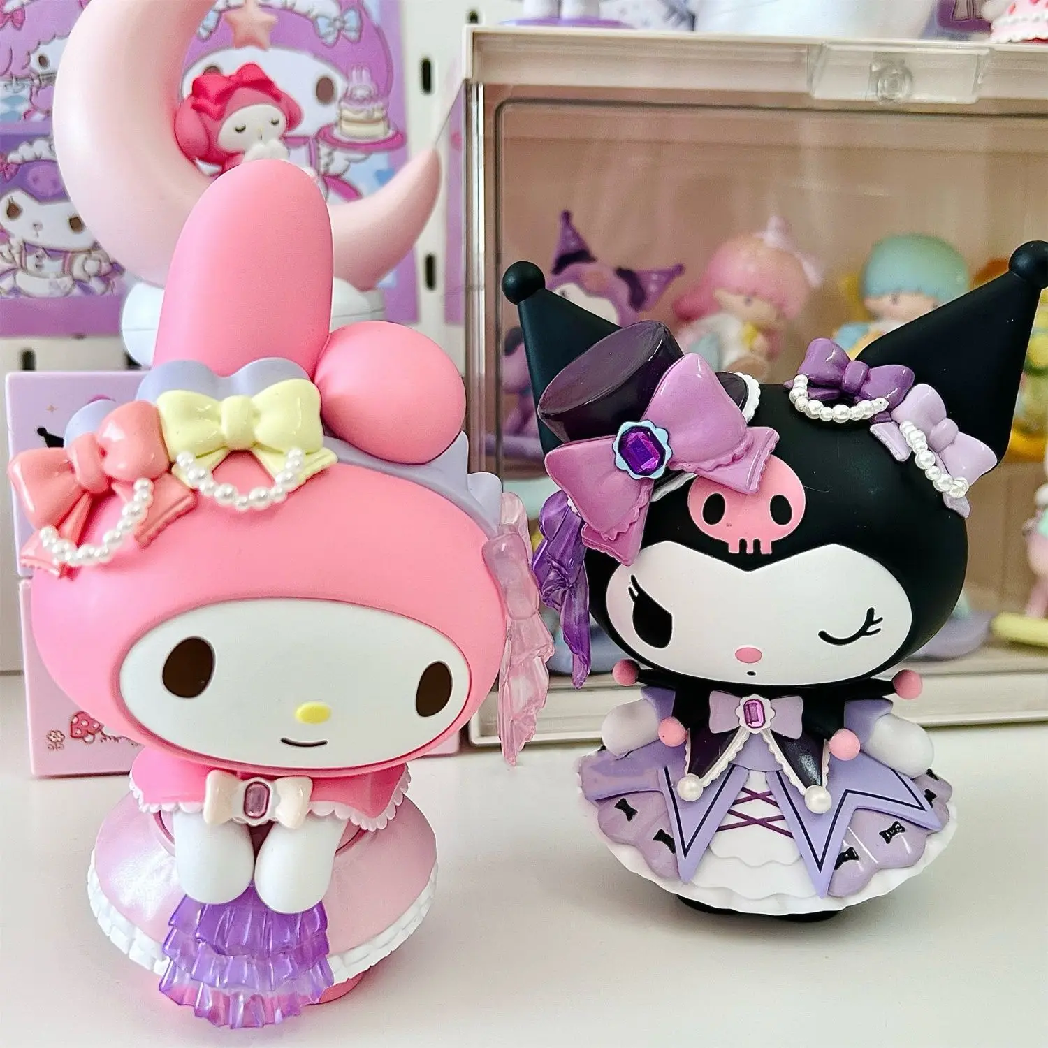 Serie de bancos de flores rosas de la familia Sanrio, My Kuromi Melody, adornos hechos a mano, regalo lindo, adorno de paisaje, productos genuinos