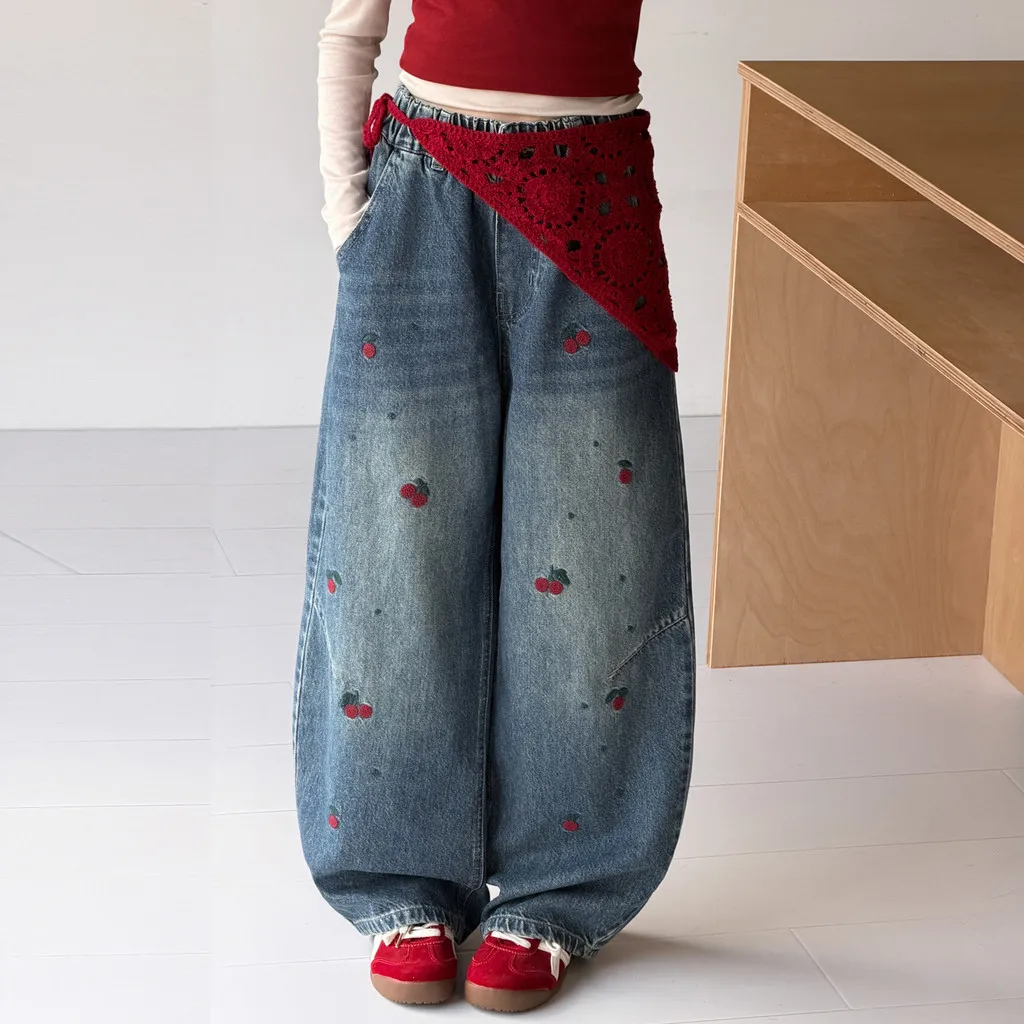 Girls Jeans Cherry Embroidery with Red Knitted Fabric Cute Autumn Children Pants 2026