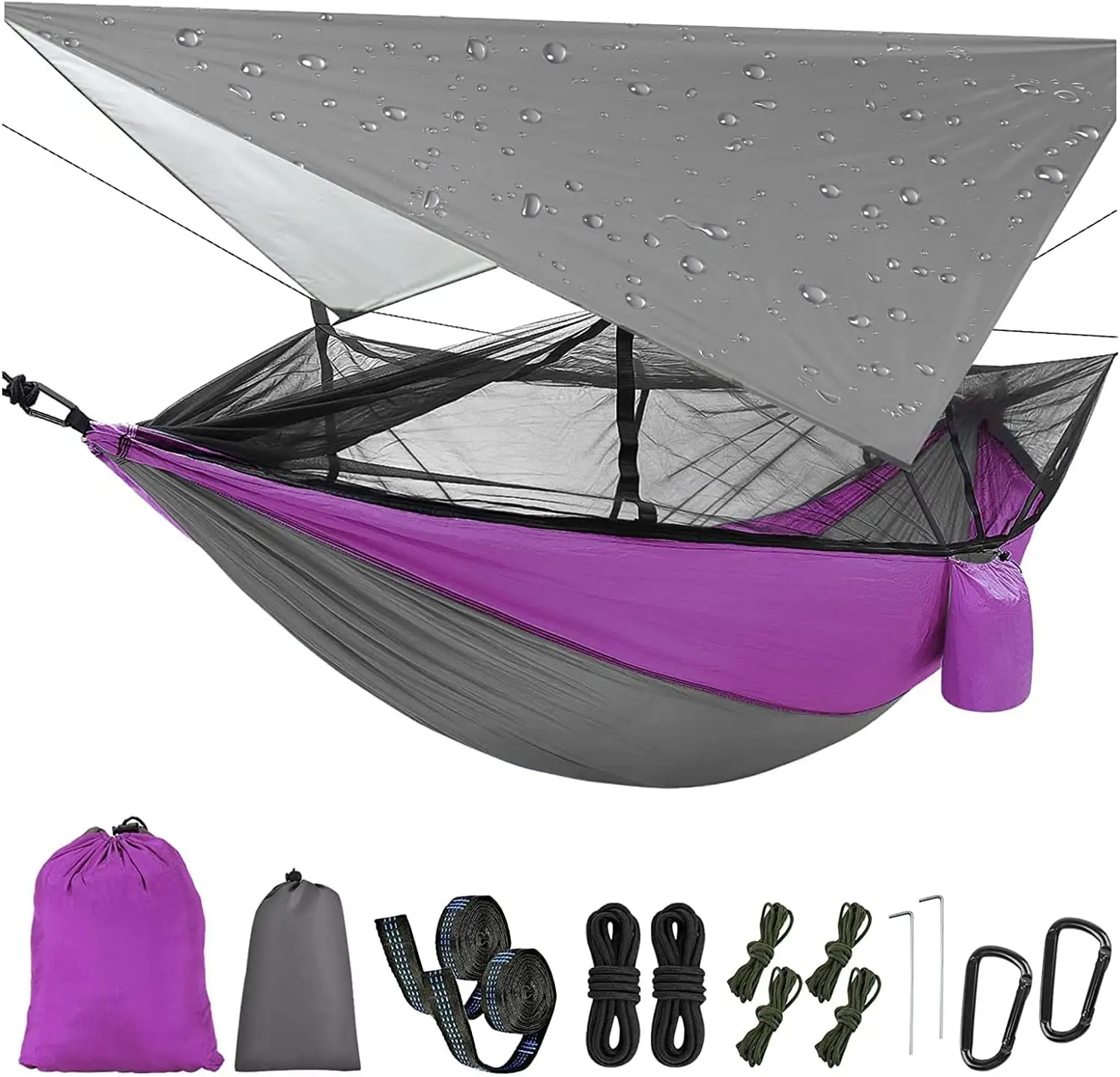

Camping Hammo With Mosquito Net & Rain Fly Tent Tarp & Tree Straps Portable Strong Nylon Hammo Parachute Tent W/Storage Bag For