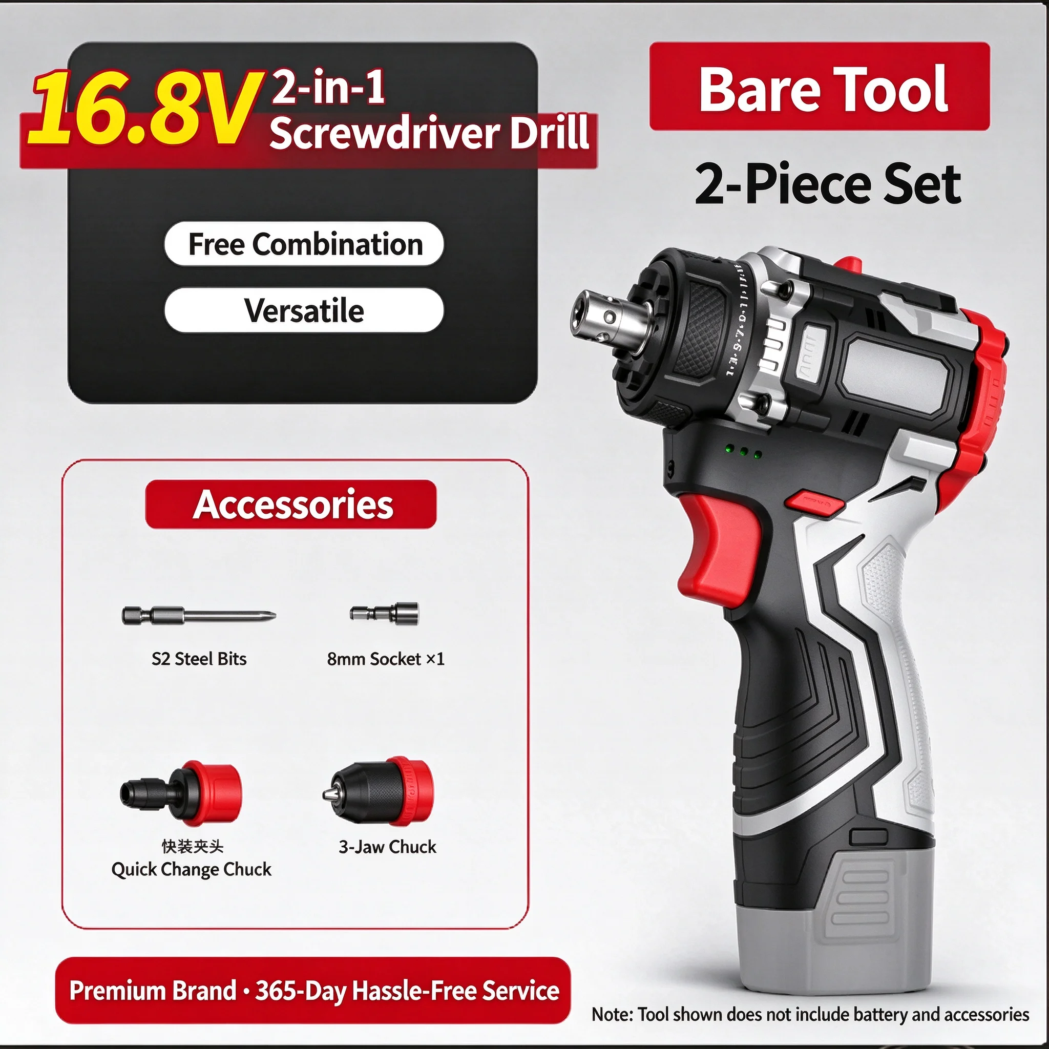 16.8V Brushless Cordless Screwdriver Drill 2-in-1 Electric Power Drill 50N.m Torque Variable Speed LED with 8Pcs Accessories Kit