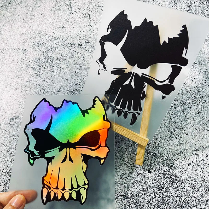 1pc 2D Flat Gothic Viking Skull Waterproof Vinyl Sticker, Laser Gradient Removable Decal for Scooter Dirt Bike Motorcycle Decor