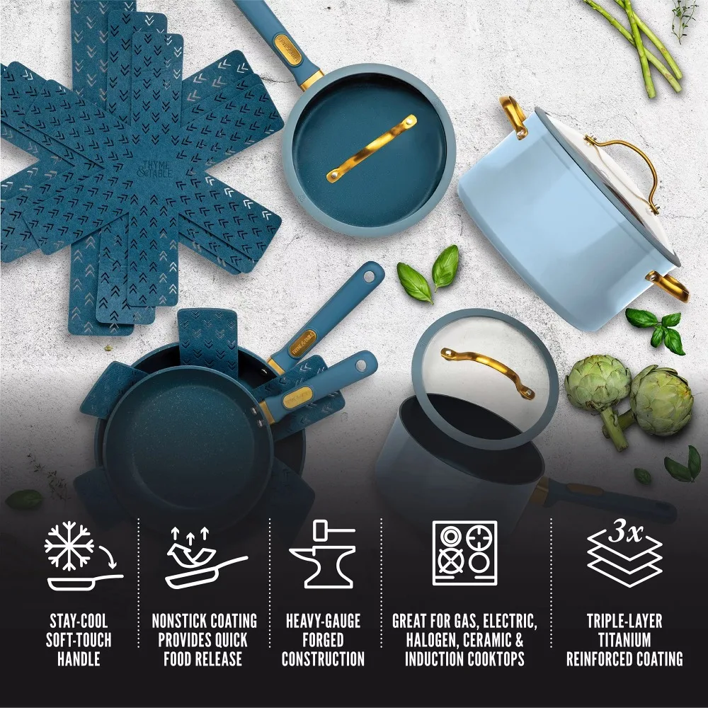 

2023 New Thyme & Table Nonstick 12-Piece Granite Cookware Set, Blue