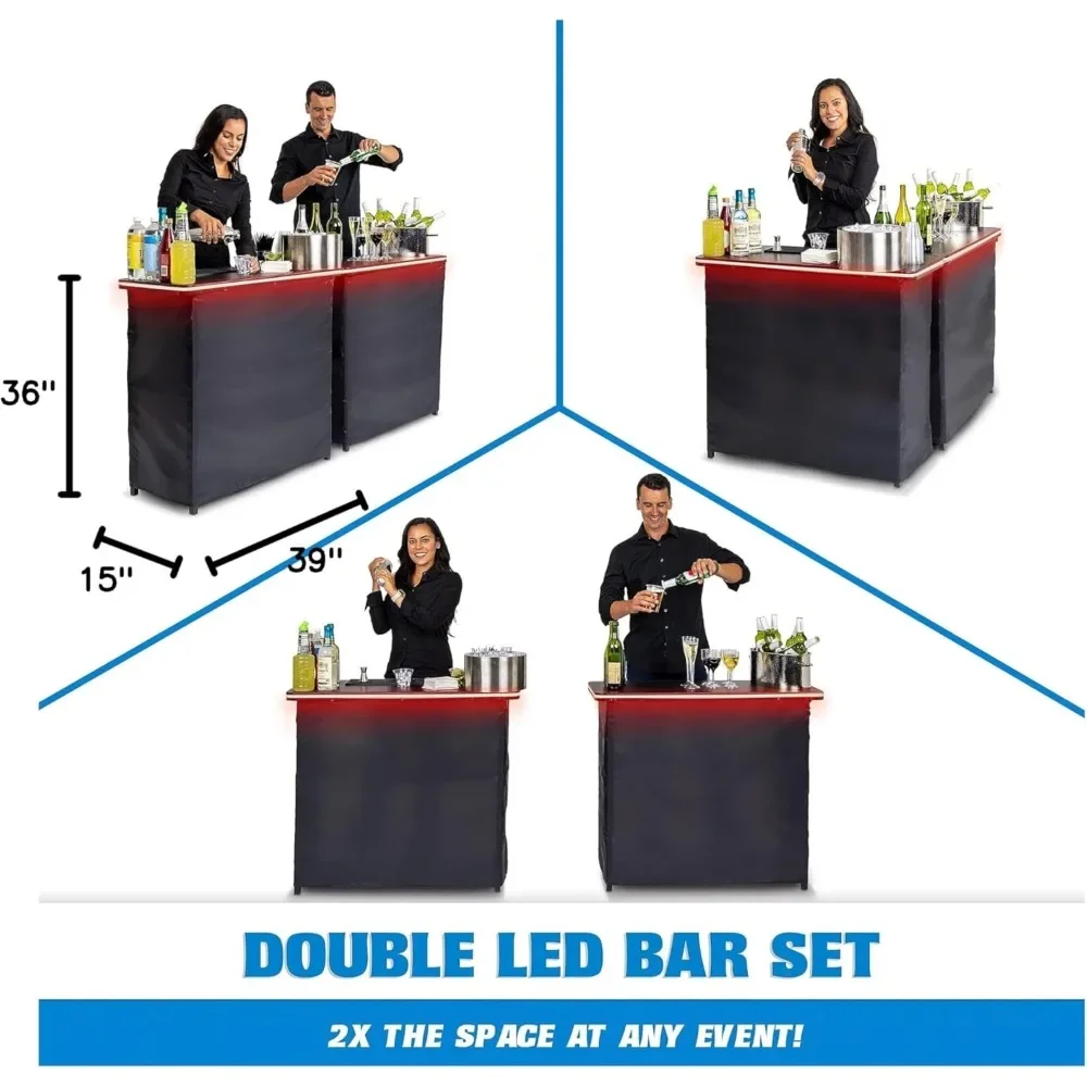 Ensemble de table portable à double bar avec lumières LED multi-documents, station de barman mobile pour événements, étui de transport inclus