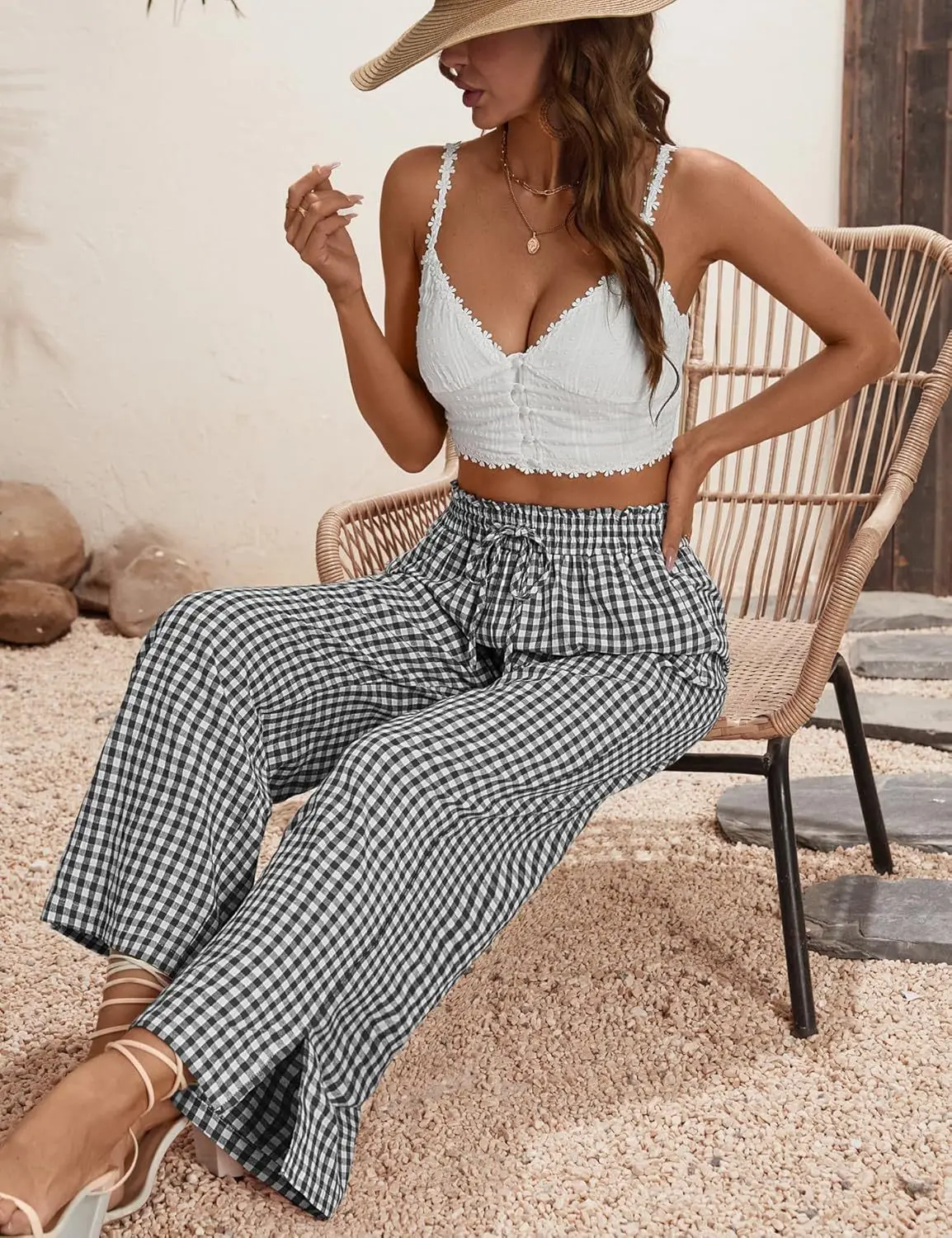 Geruite damesbroek met wijde pijpen en zakken voor herfst/winter Hoge taille Trekkoord Zwierig Casual modebroek voor Halloween