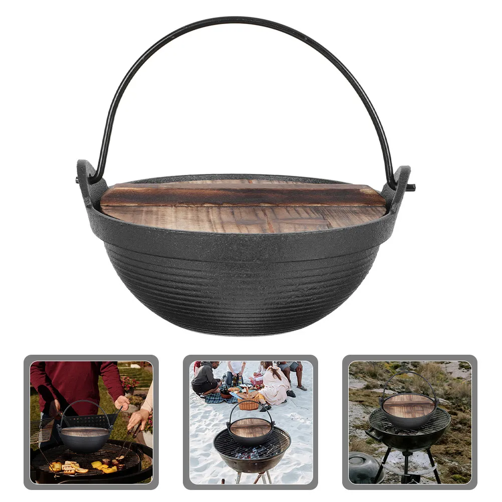 

Cast Iron Stewing Pot Japanese Hot Pot Outdoor Picnic Cookware Durable Hanging Handle Long Service Life Outdoor Picnic Cookware