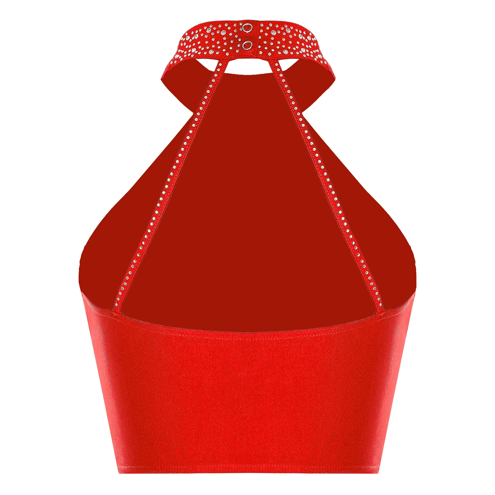 Vrouwen Salsa Cha-Cha Latin Danskostuum Halter Tops Mouwloze Vesten Backless Glanzende Steentjes Front Cross Mesh Crop Top