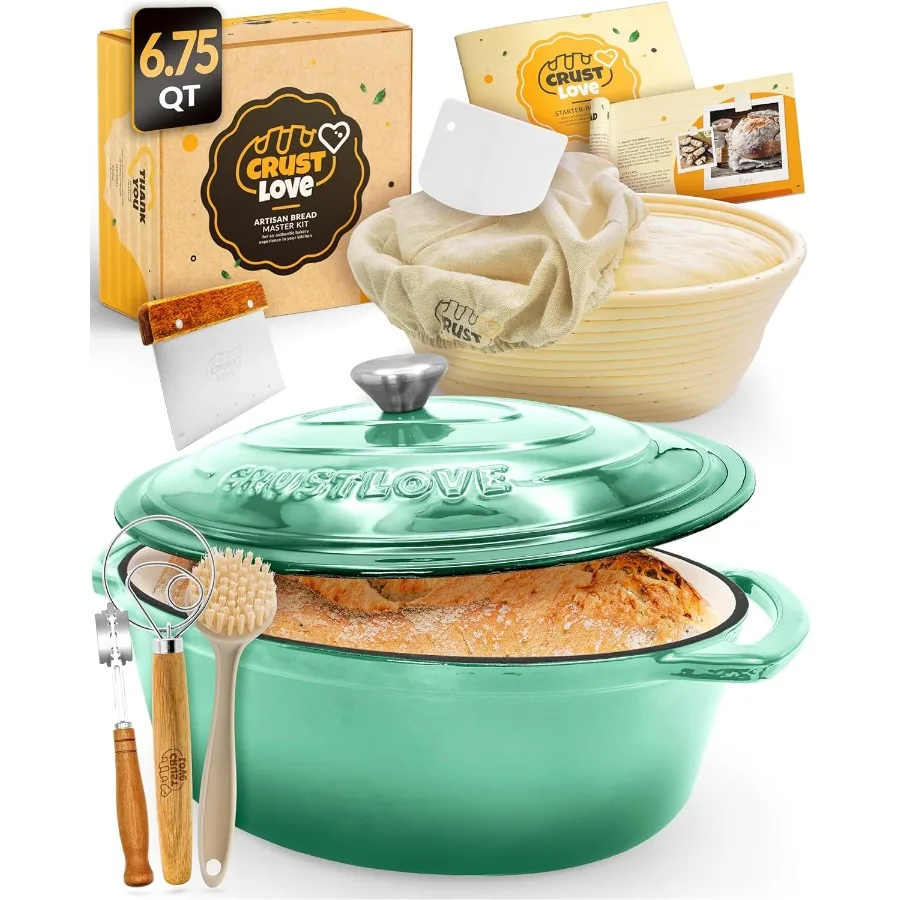 

Enameled Oval Cast Iron Dutch Oven for Baking Sourdough Bread with Included Banneton Proofing Basket Scoring Tool Lame 6.75QT C