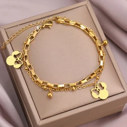 Bracelets en acier inoxydable pour femmes, nœud d'anime de dessin animé mignon, pendentif souris, cloches, couches de perles, bijoux, cadeaux de fête