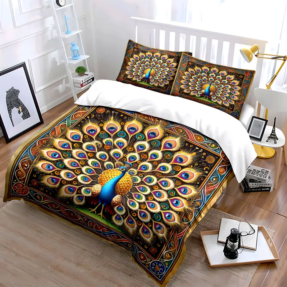 Ornate Peacock Spreading Feathers Artwork Pattern Duvet Cover Set Digital Print Colorful Polyester Bedding with Zipper Closur
