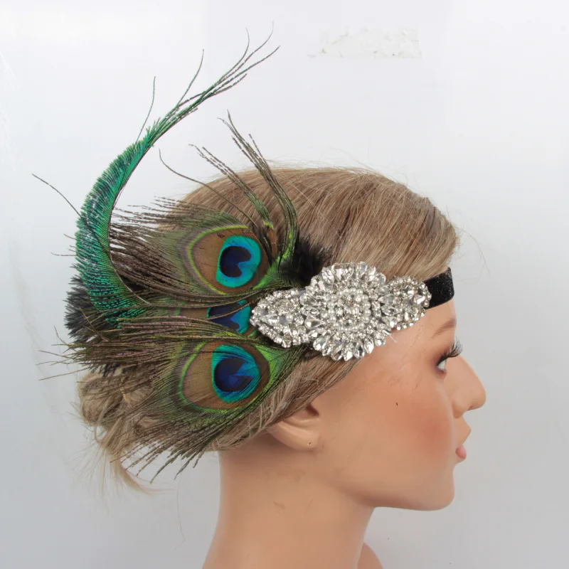 

Vintage Women Elastic Feather Headband Peacock Feather 1920s Gatsby Charleston Party Forehead Decorations Headwear Cosplay