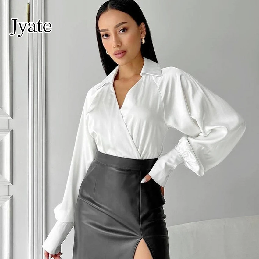 Jyate Solid V Neck Women's Shirts Fashion Sexy Long Sleeve Shirt Elegant Slim Waist Tops Female Autumn New Woman Clothing 2024